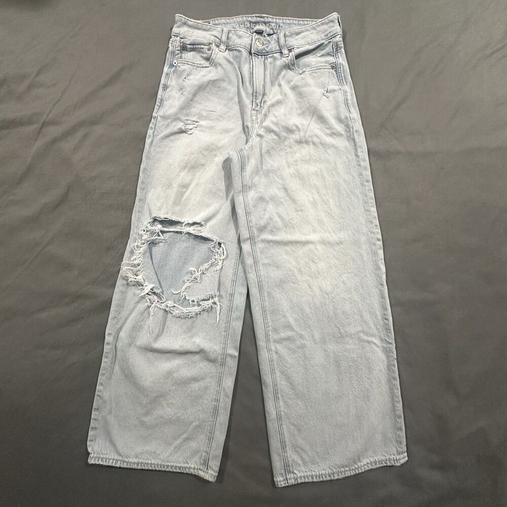 American Eagle Super High Rise Baggy Wide Leg Jeans Womens 4 Stretch Distressed